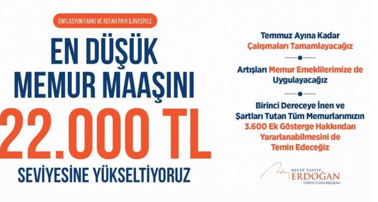 Cumhurbaşkanı Erdoğan müjdeyi duyurdu: En düşük memur maaşı 22 bin TL’yi bulacak