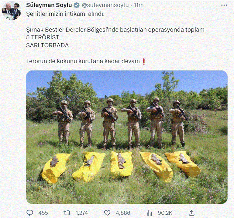 Son dakika: Bakan Soylu paylaştı: 5 terörist sarı torbada