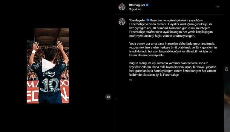 Fenerbahçe Arda Güleri KAPa bildirdi Ardadan veda paylaşımı