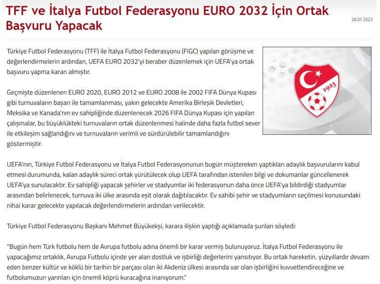 Türkiye ve İtalyadan EURO 2032ye ortak başvuru