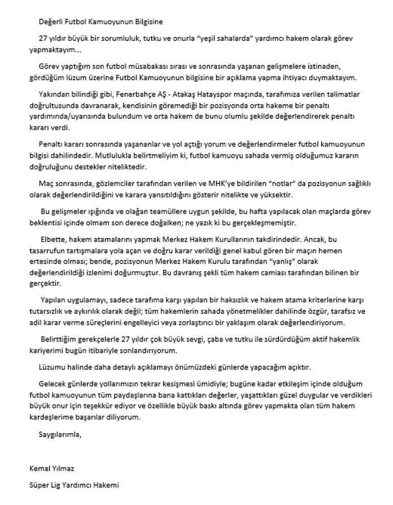 Fenerbahçe - Hatayspor maçının yardımcı hakemi Kemal Yılmaz görevinden istifa etti