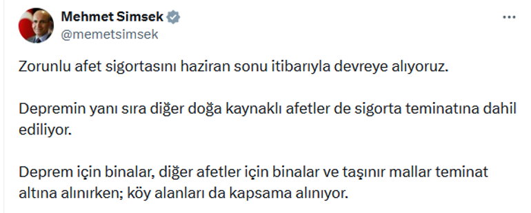 Zorunlu afet sigortası geliyor Bakan Şimşek açıkladı