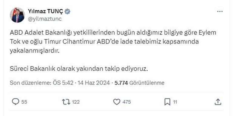 Eylem Tok ve oğlu ABDde yakalandı