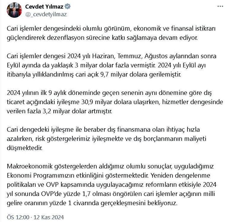 Cevdet Yılmaz: Cari açığın milli gelire oranının yüzde 1 civarında gerçekleşmesini bekliyoruz