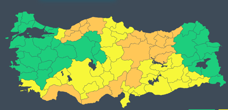 49 ile sarı ve turuncu kodlu uyarı Kuvvetli yağış, kar ve fırtına