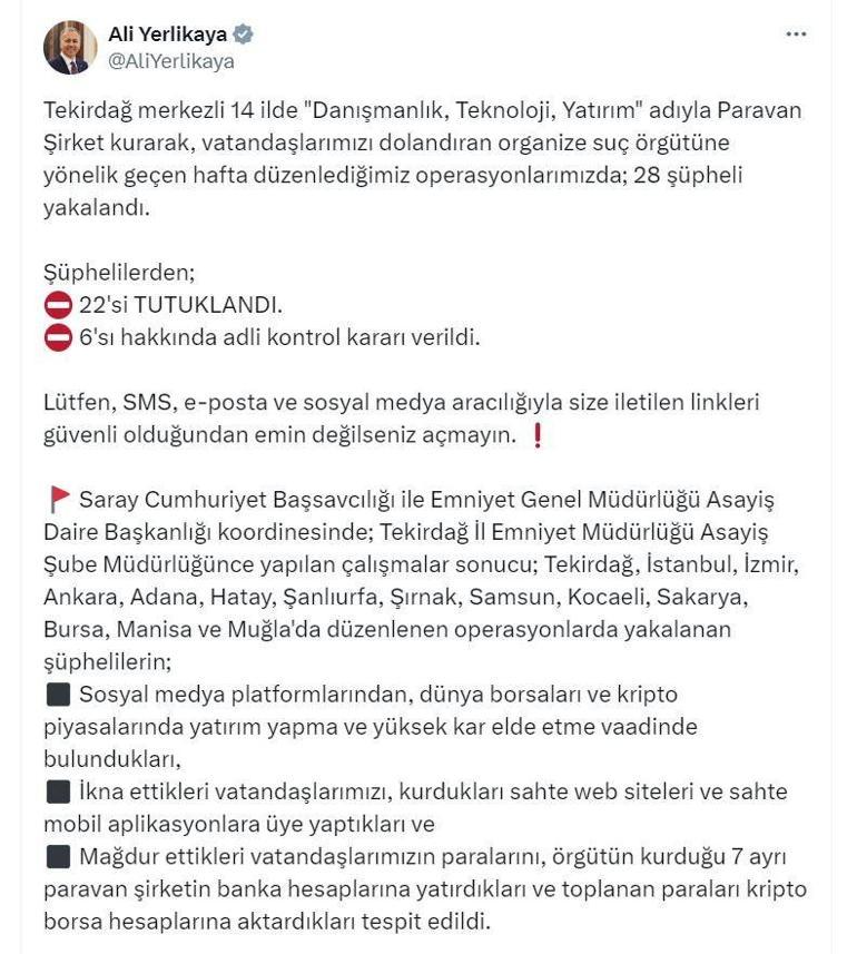 387 milyon liralık dev vurgun Bakan Yerlikaya açıkladı: 22 kişi tutuklandı, 1 milyar 300 milyon TL işlem hacmi bulundu