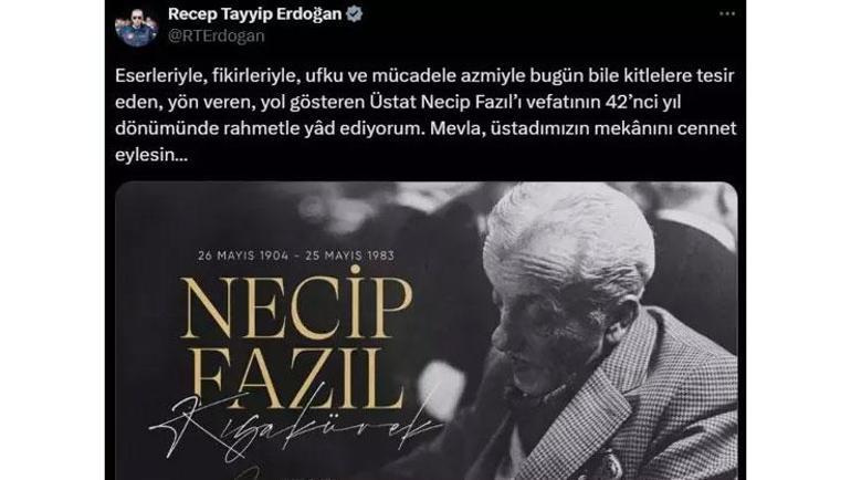 Cumhurbaşkanı Erdoğandan Necip Fazıl Kısakürek mesajı