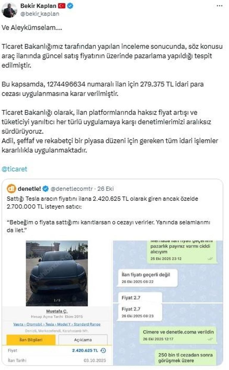 İlan fiyatını artıran Tesla satıcısına 279 bin TL ceza Selamlarımı da ilet mesajı pahalıya patladı