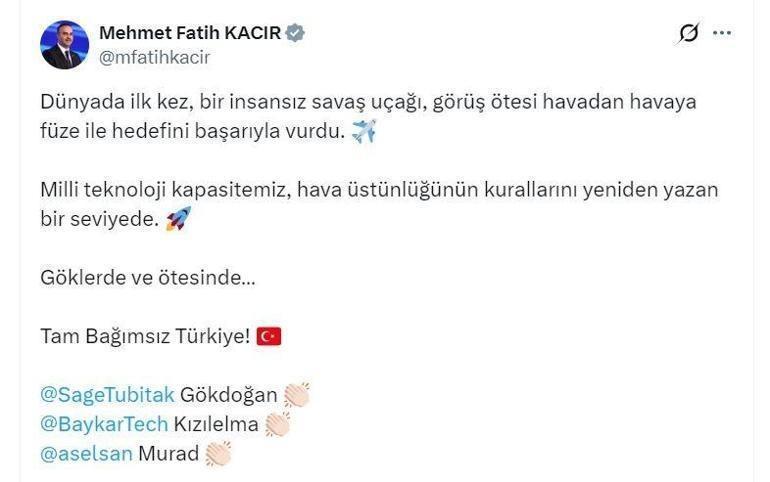 Bayraktar Kızılelmadan tarihi başarı Bakan Kacır duyurdu: Göklerde ve ötesinde tam bağımsız Türkiye