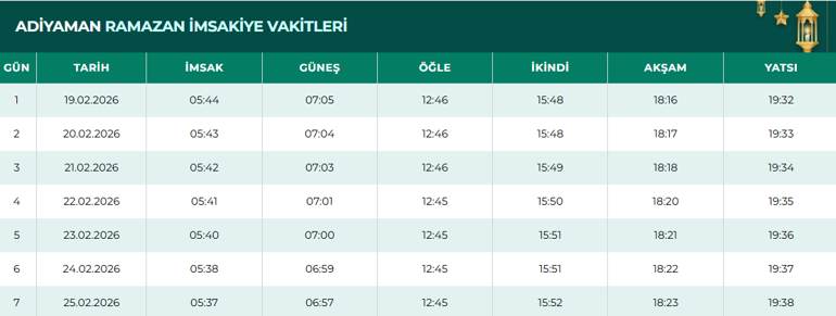 Sahur ve İmsak Vakti Adıyaman 2026: Adıyamanda oruç başlangıcı kaçta, imsak vakti ne zaman Diyanet Adıyaman imsak vakitleri