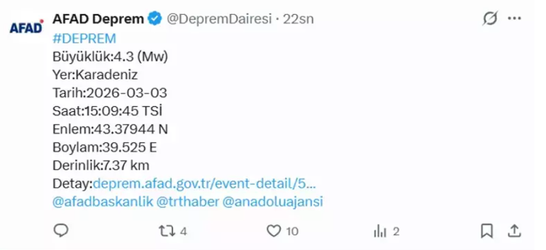 Karadenizde 4.3 büyüklüğünde deprem