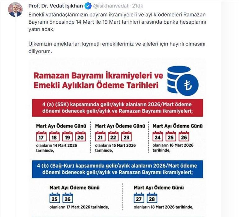 Bakan Işıkhan duyurdu Bayram ikramiyesi ve emekli maaşı ödeme tarihleri açıklandı