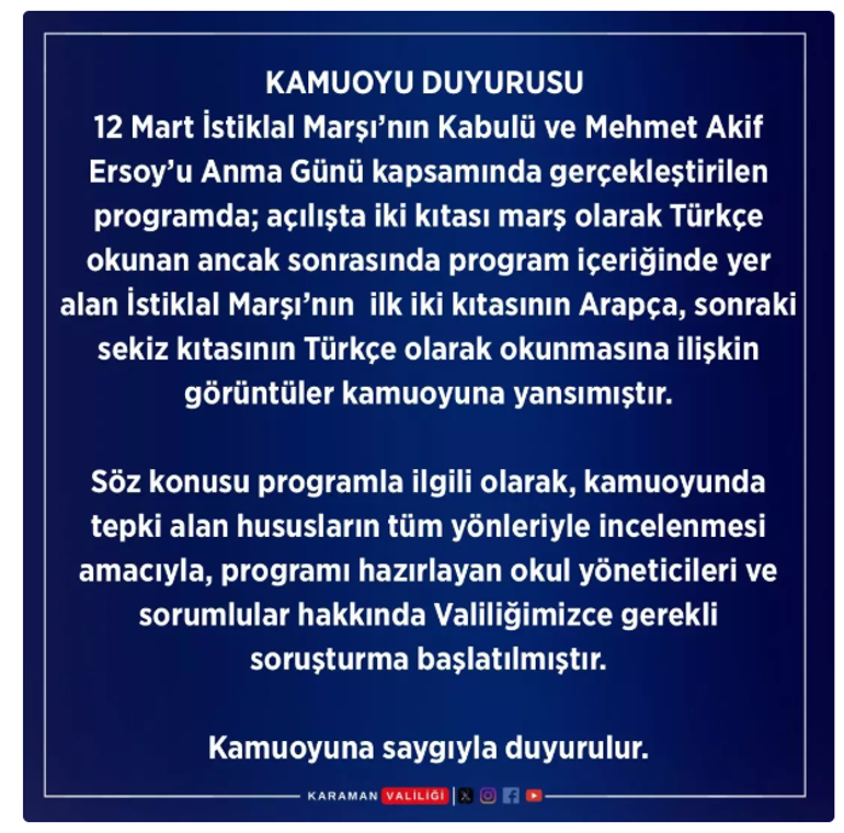 İstiklal Marşının Arapça okunmasına soruşturma Görüntüler tartışma yarattı