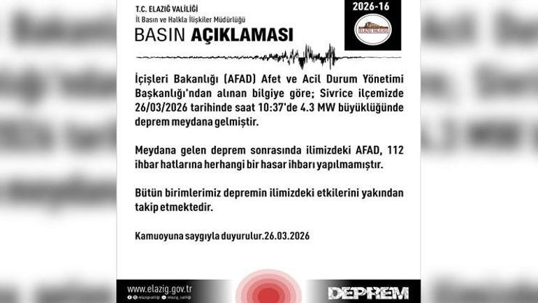 AFAD duyurdu: Elazığda 4,3 büyüklüğünde deprem