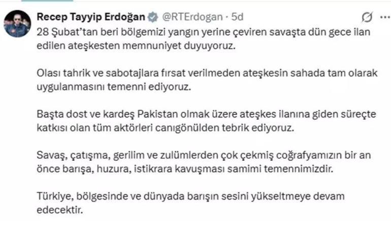 Cumhurbaşkanı Erdoğandan ABD-İran arasında gerçekleşen ateşkes anlaşması sonrası açıklama