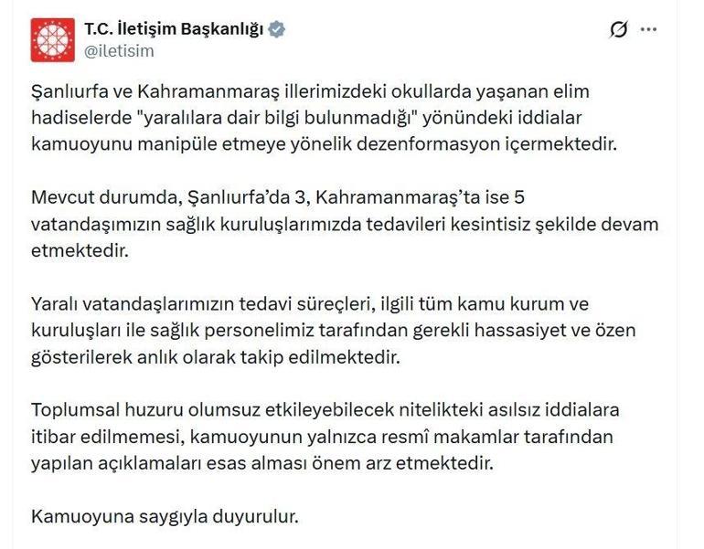 İletişim Başkanlığı açıkladı Şanlıurfada 3, Kahramanmaraşta 5 kişinin tedavisi devam ediyor