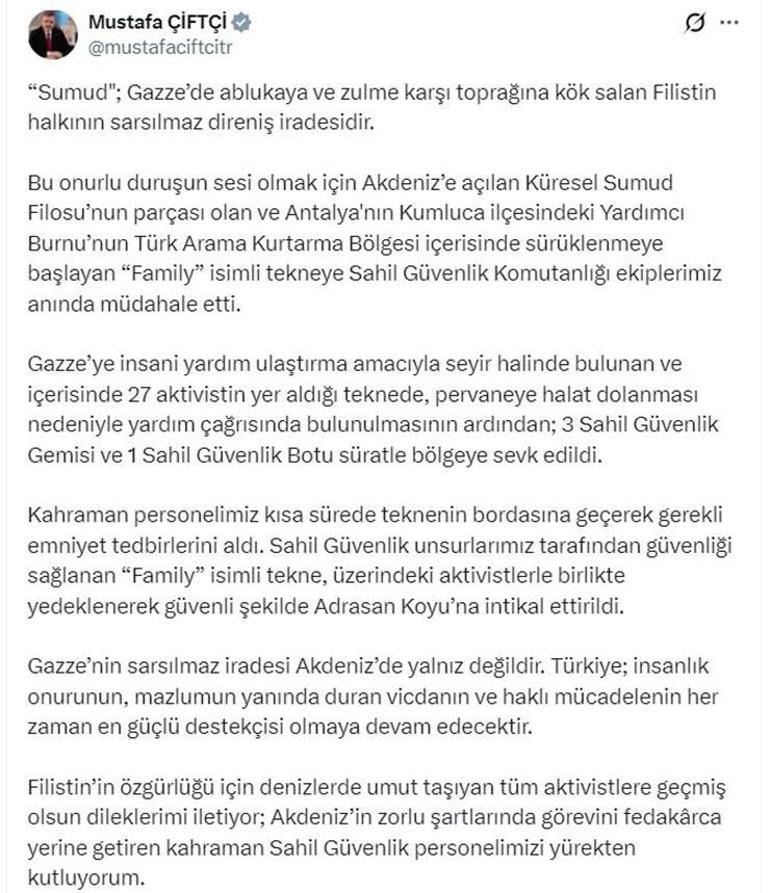 Sumud Filosunda arızalanan tekneye Türk Sahil Güvenliğinden yardım eli