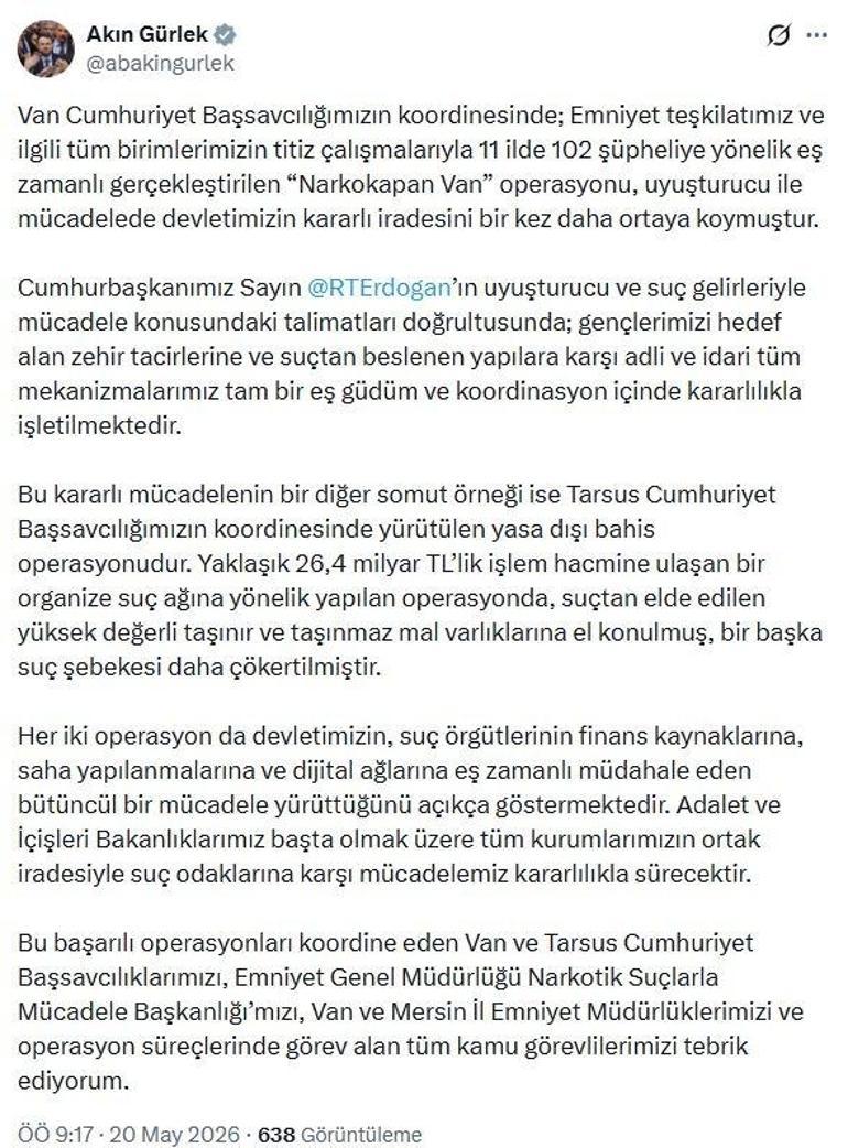 Bakan Gürlek: 26,4 milyar TL’lik bahis şebekesi çökertildi