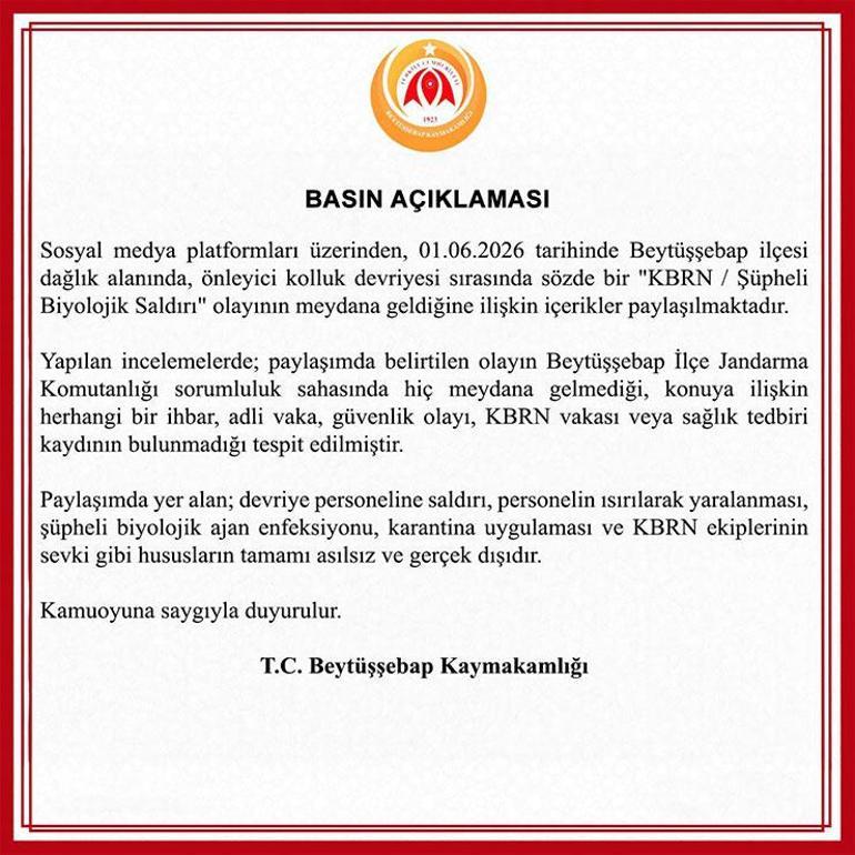 Şırnakta Beytüşşebap Kaymakamlığından KBRN saldırısı iddiasına yalanlama