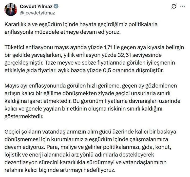 Cevdet Yılmaz: Dezenflasyon sürecini kararlılıkla sürdüreceğiz