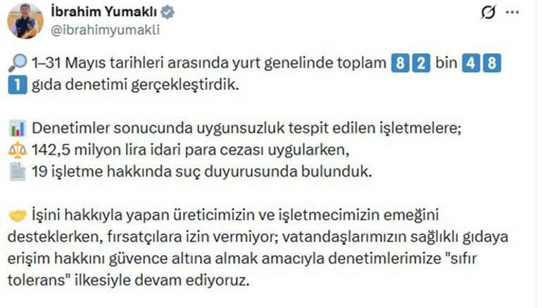 Tarım Bakanlığı 82 bin gıda denetiminde 142.5 milyon lira ceza kesti