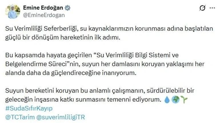 Emine Erdoğandan Su Verimliliği Seferberliği paylaşımı