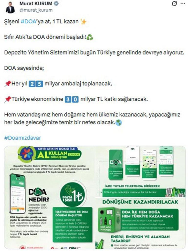 DOA sistemi Türkiye genelinde başladı Şişe başına 1 TL ödeme yapılacak