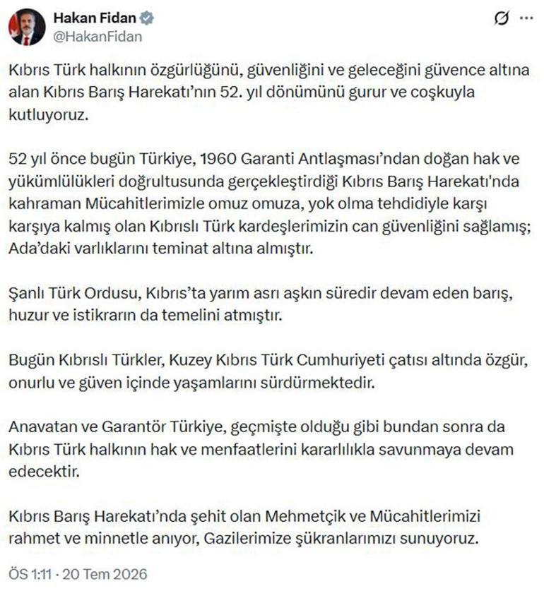 Bakan Fidandan Kıbrıs Barış Harekatı mesajı: Kıbrıs Türkünün haklarını kararlılıkla savunacağız