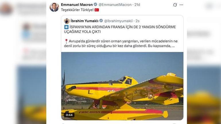 Fransa Cumhurbaşkanı Macrondan Türkiyeye teşekkür mesajı