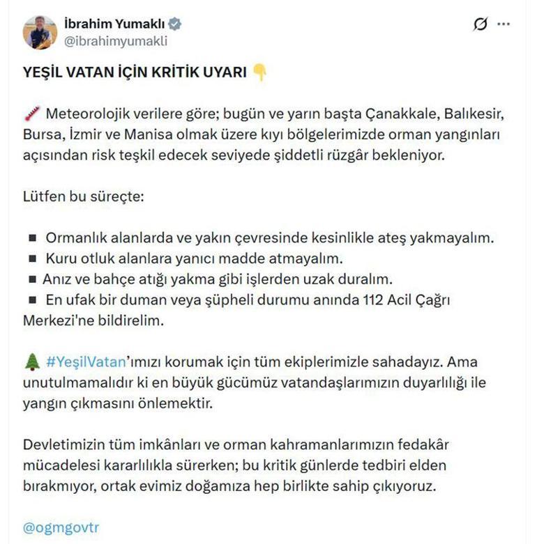 Bakan Yumaklıdan kritik yangın uyarısı 5 il için şiddetli rüzgar alarmı