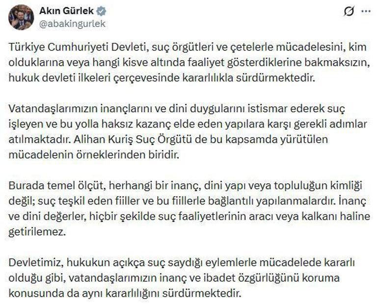 Bakan Gürlekten Alihan Kuriş açıklaması: İnanç ve dini değerler suçun kalkanı olmaz