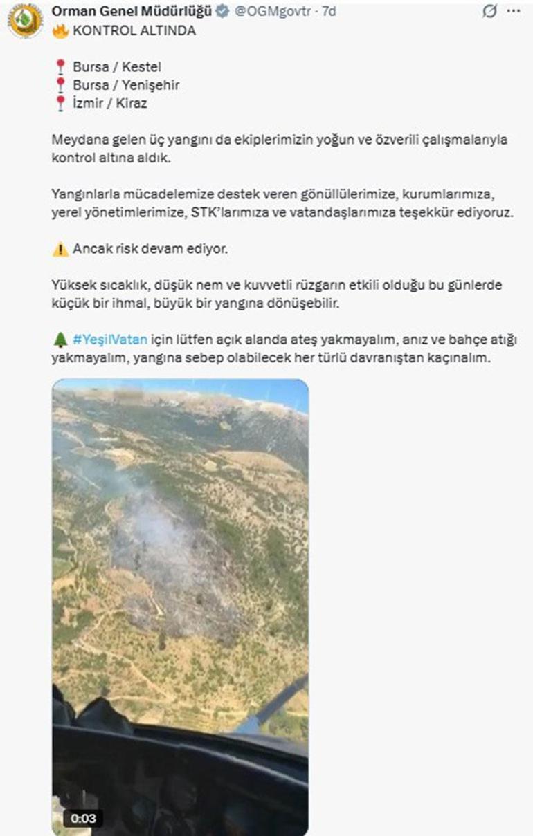 Bursa ve İzmir’deki 3 orman yangını kontrol altında