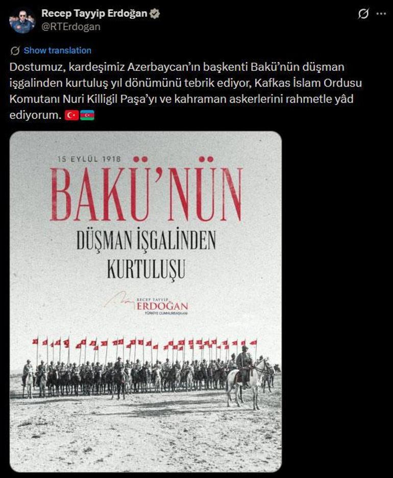 Cumhurbaşkanı Erdoğandan Bakünün kurtuluş yıl dönümü mesajı